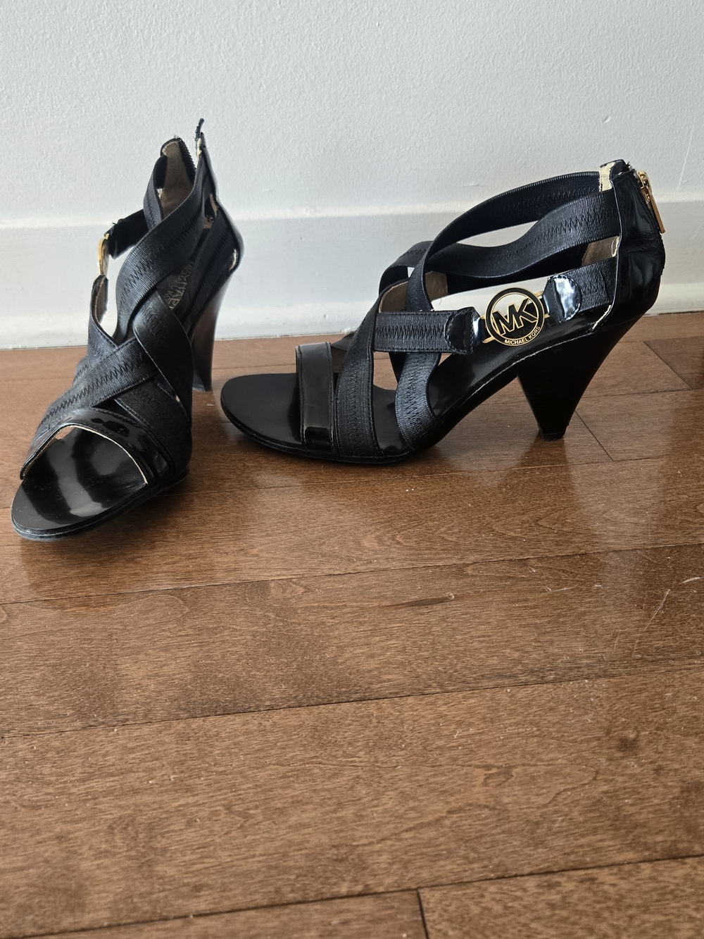 Michael Kors Black Strappy Heel Sandals with Gold MK Accent